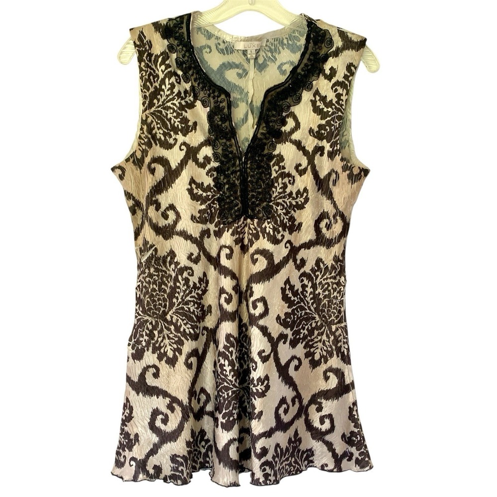 Vtg CACHE Womens Top Large Satin Sleeveless Blouse Beaded Y2K Whimsigoth Crinkle
